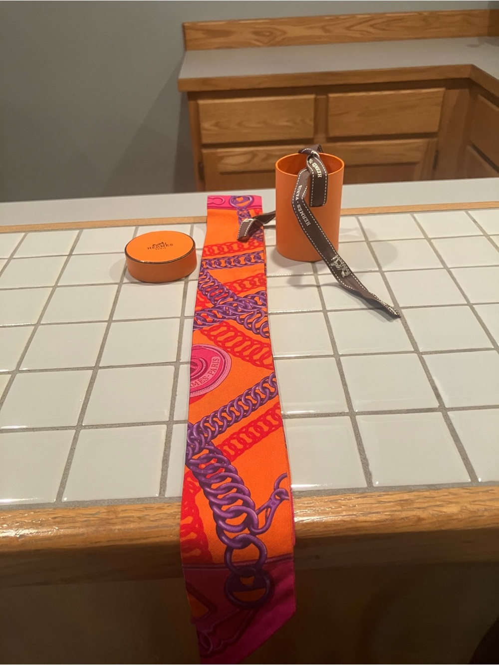 Hermes Orange and Purple Chain-Print Silk Twilly